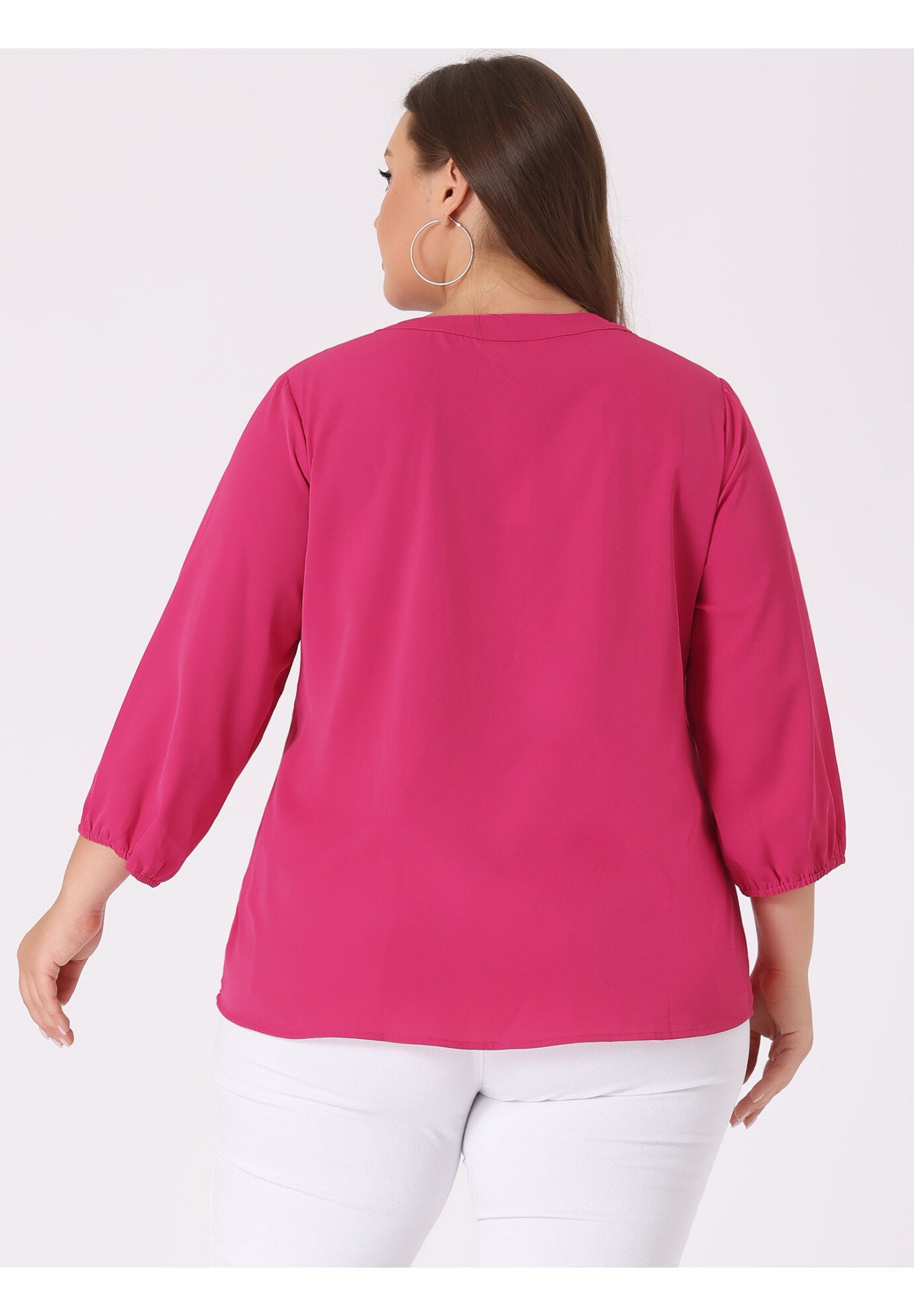 Work Round Neck Ruffle Chiffon Blouse Top, Hot Pink / Deep Fuchsia, alternate image number 3