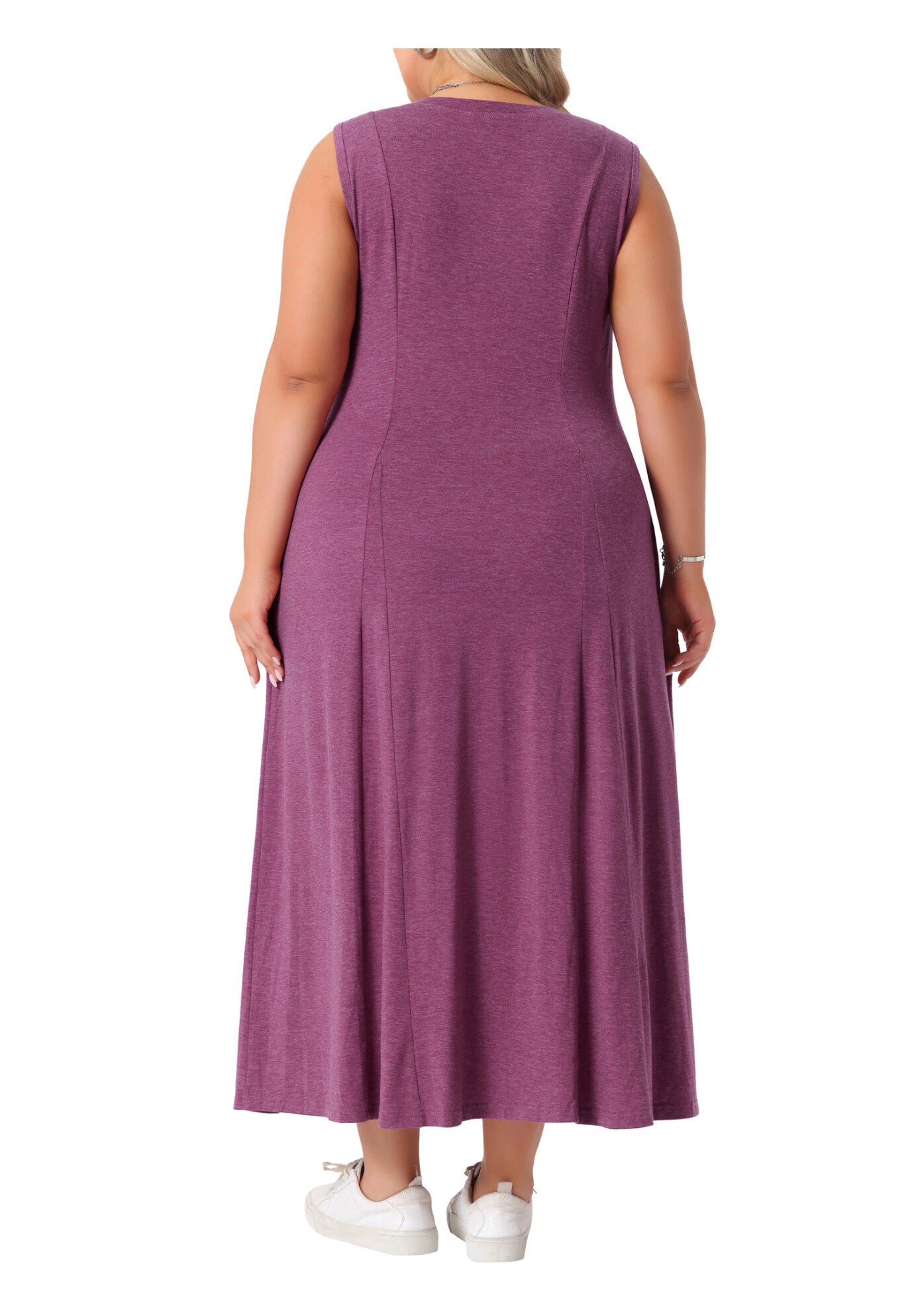 Summer Sleeveless Button A Line Tank Maxi Dress with Pockets, Burgundy / Purple, alternate image number 3