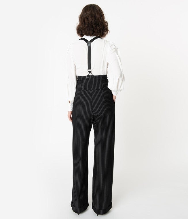 Unique Vintage Black & White Pin Stripe Thelma Suspender Pants, , alternate image number 7