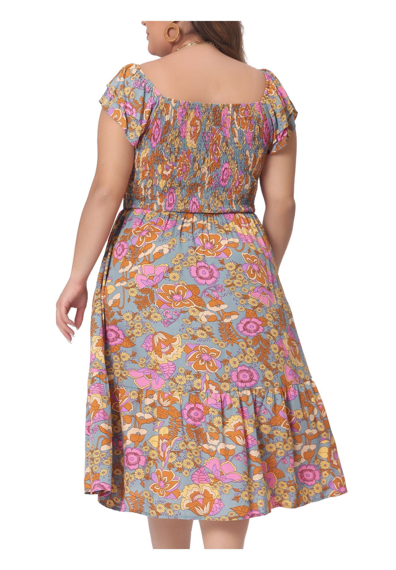 Square Neck Flutter Sleeve Smocked High Waist Flowy Summer Midi Dress, Grey Green / Dusty Blue, alternate image number 3