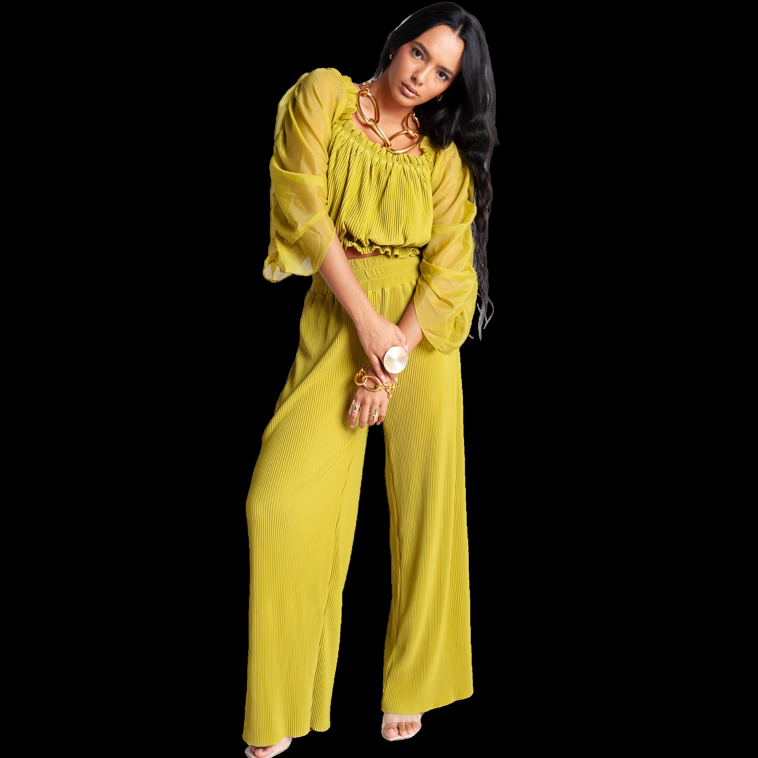 Off Shoulder Pleated Top, Lime / Light Green, alternate image number 3