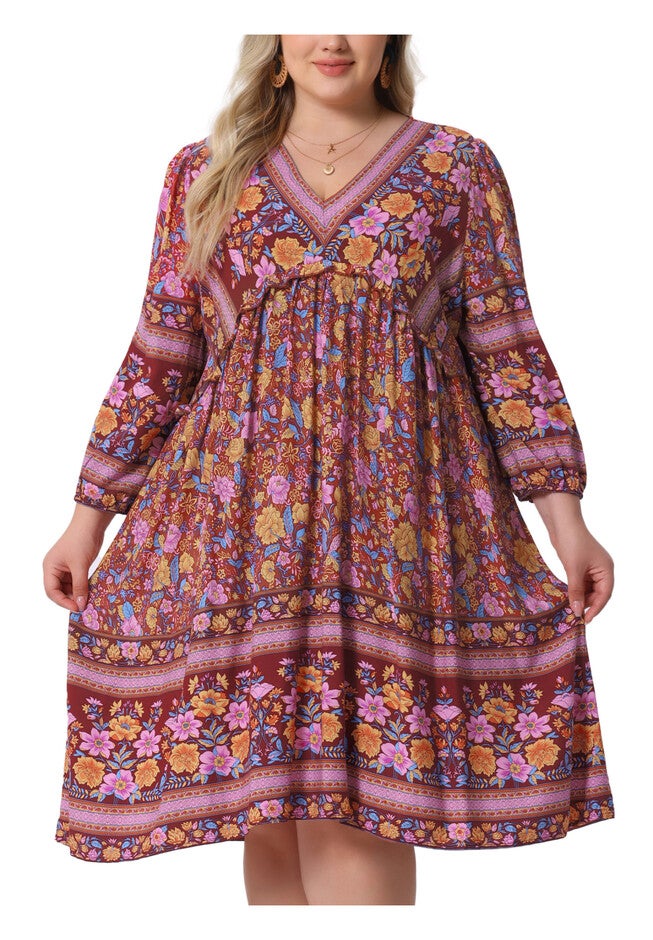 Boho Floral V Neck 3/4 Sleeve Mini Short Dress, Yellow Pink / Pink, alternate image number null