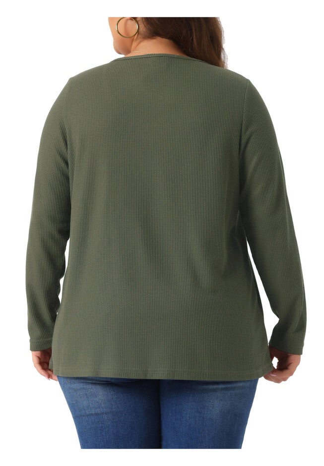 Crew Neck Pleat Front Long Sleeve Waffle Knit Blouse Shirt, Army Green / Olive Green, alternate image number 3