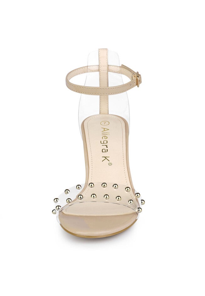 Clear Block Heel Ankle Strap Heeled Sandals, Nude / Beige, alternate image number 1