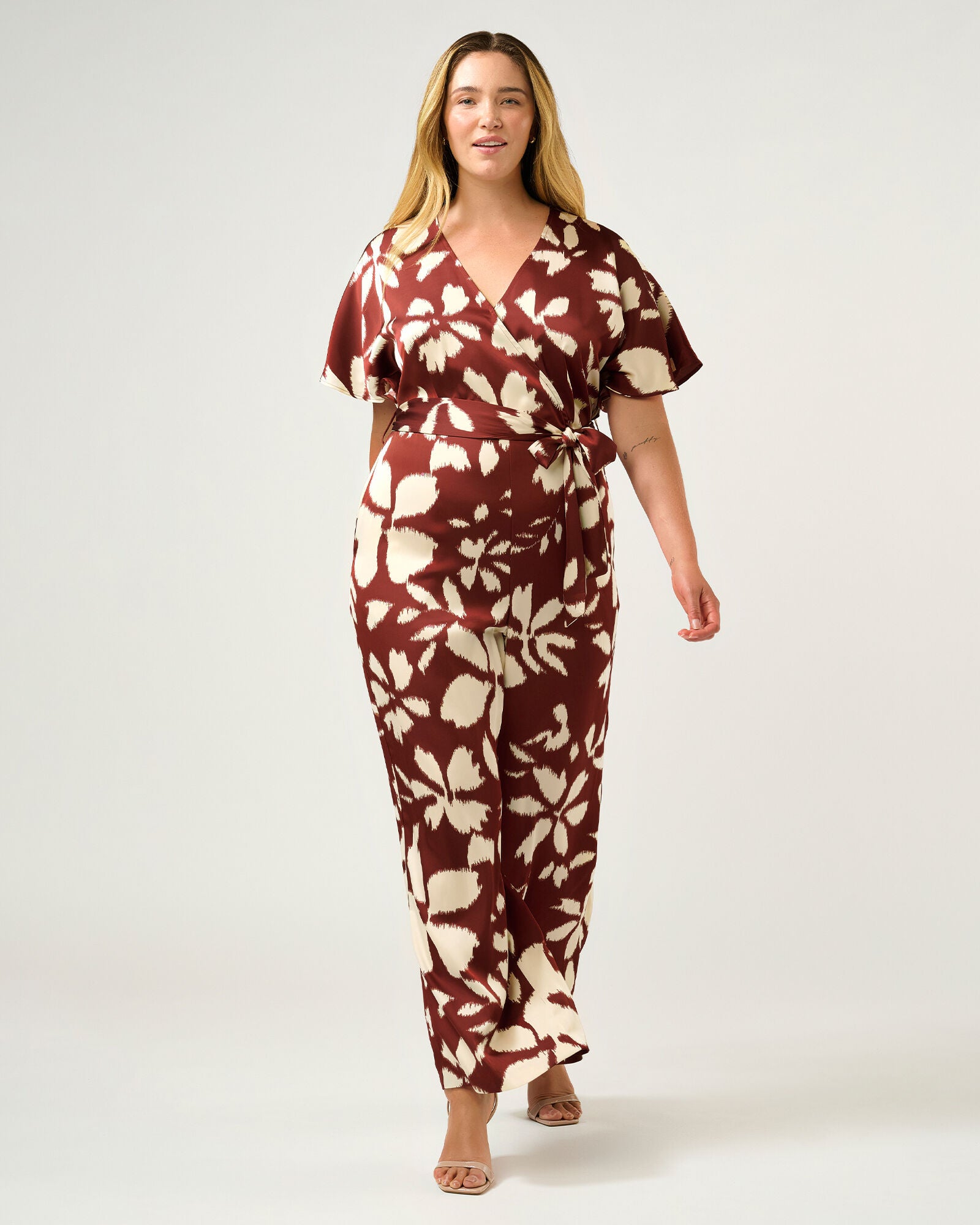 Estelle Hamilton Faux-Wrap, Short Sleeve Jumpsuit, TerracottaCream / Red, alternate image number 1