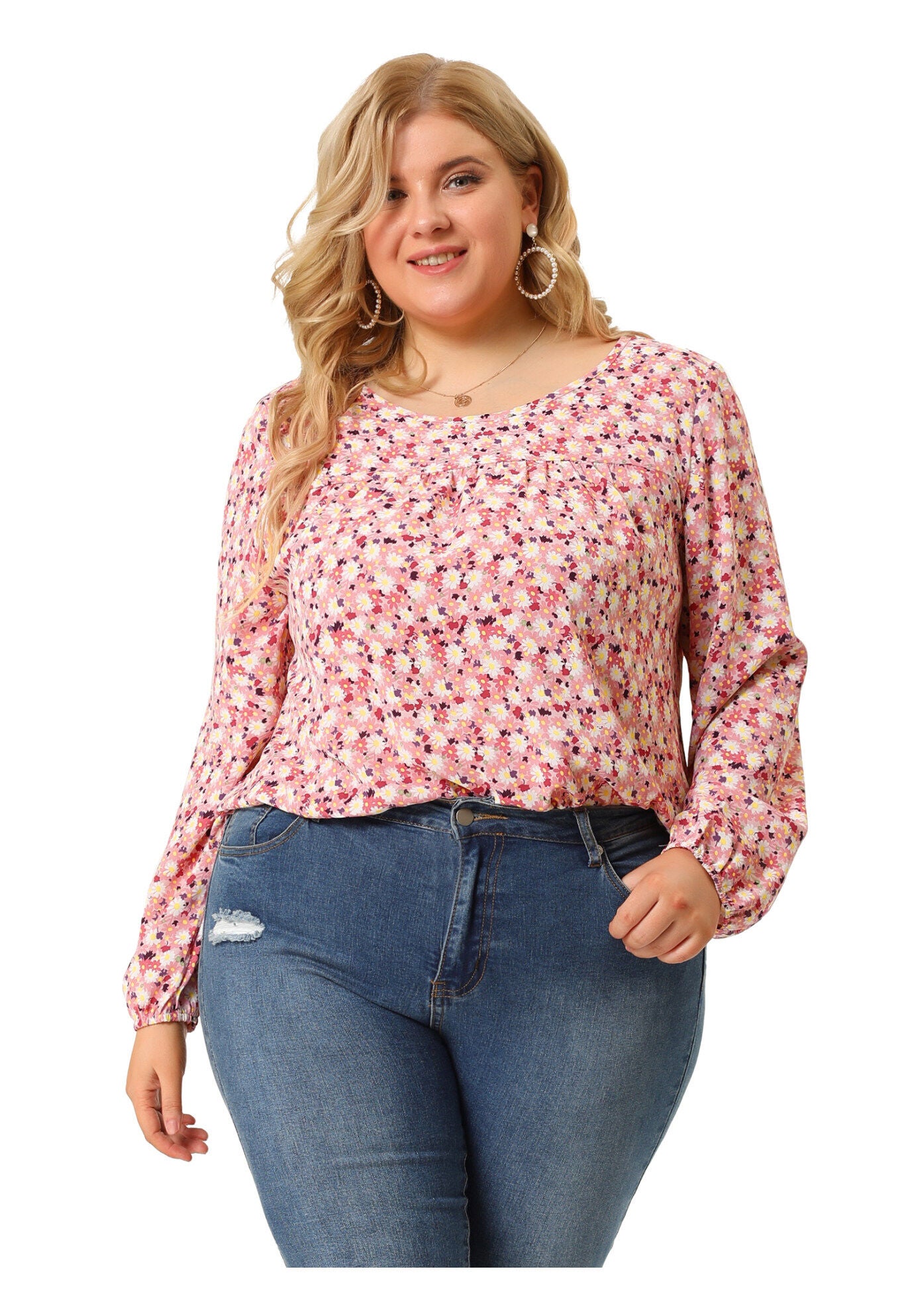 Long Sleeve Floral Print Casual Shirt Blouse Top, Pink / Pink, alternate image number 3