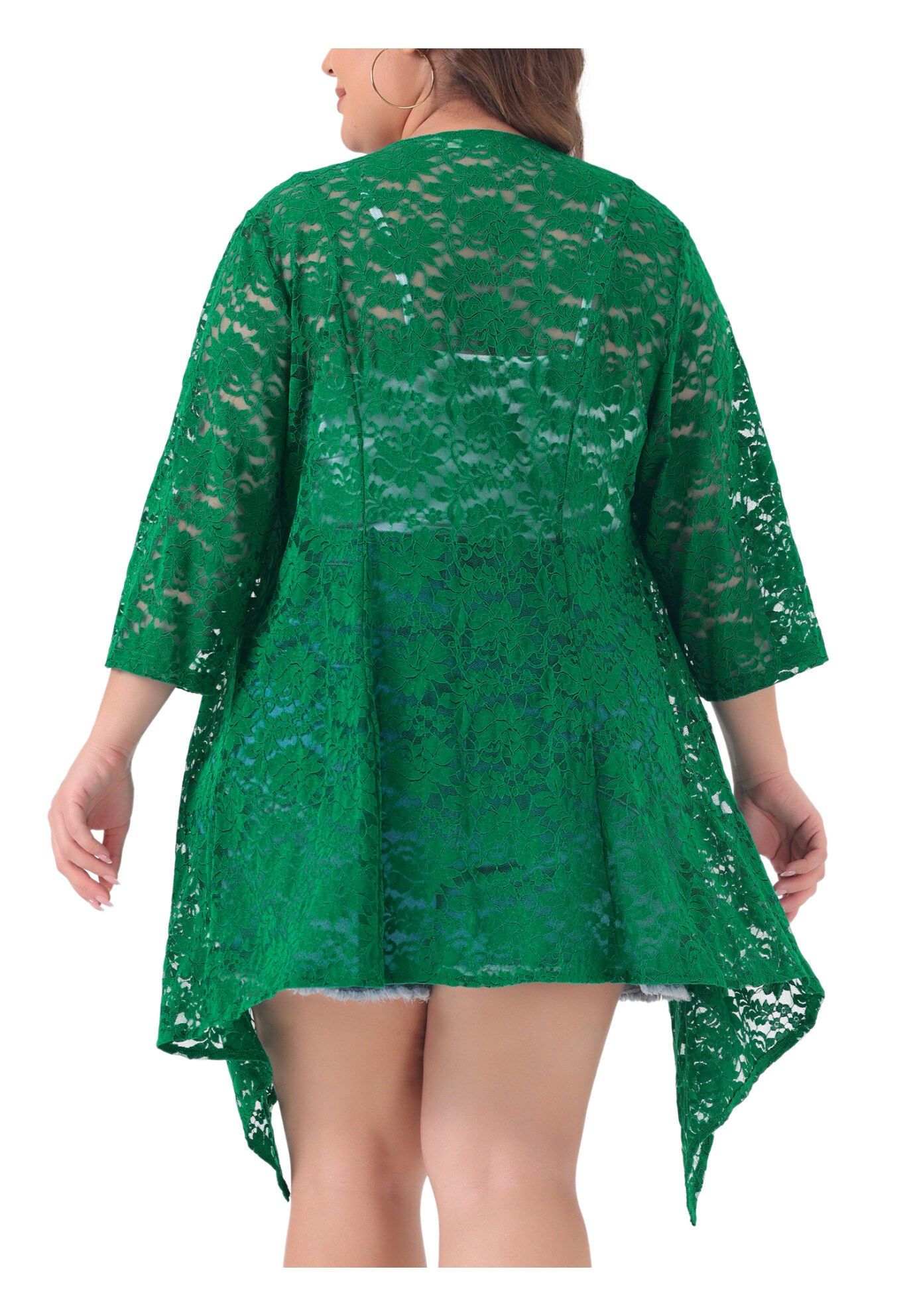 OPEN FRONT 3/4 SLEEVES CROCHET CARDIGAN COVER UP, Dark Green / Kelly Green, alternate image number 3