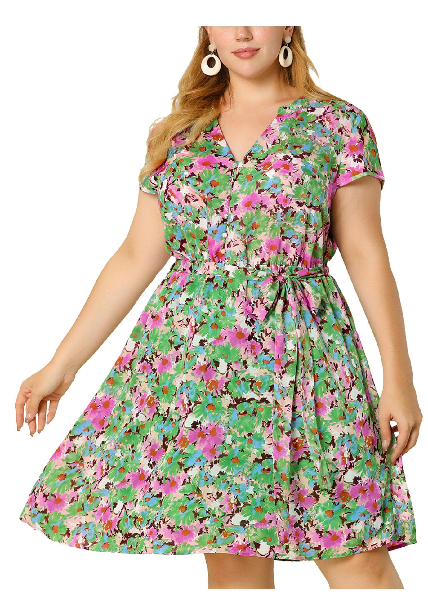 V Neck Belted Summer Floral Dress, Olive Green / Olive Green, alternate image number 2