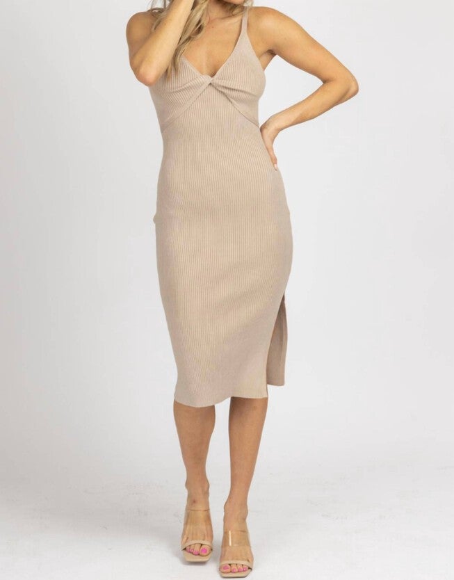 TWIST FRONT KNIT RIBBED MIDI DRESS IN STONE, Stone / Beige, alternate image number null