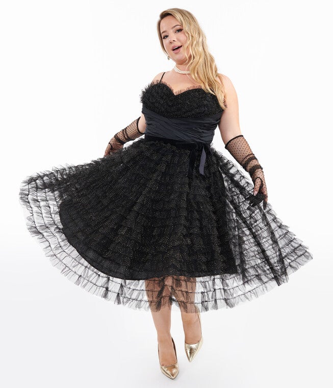 1950s Black & Gold Glitter Tulle Cupcake Swing Dress, BlackGold / Black, hi-res image number 0