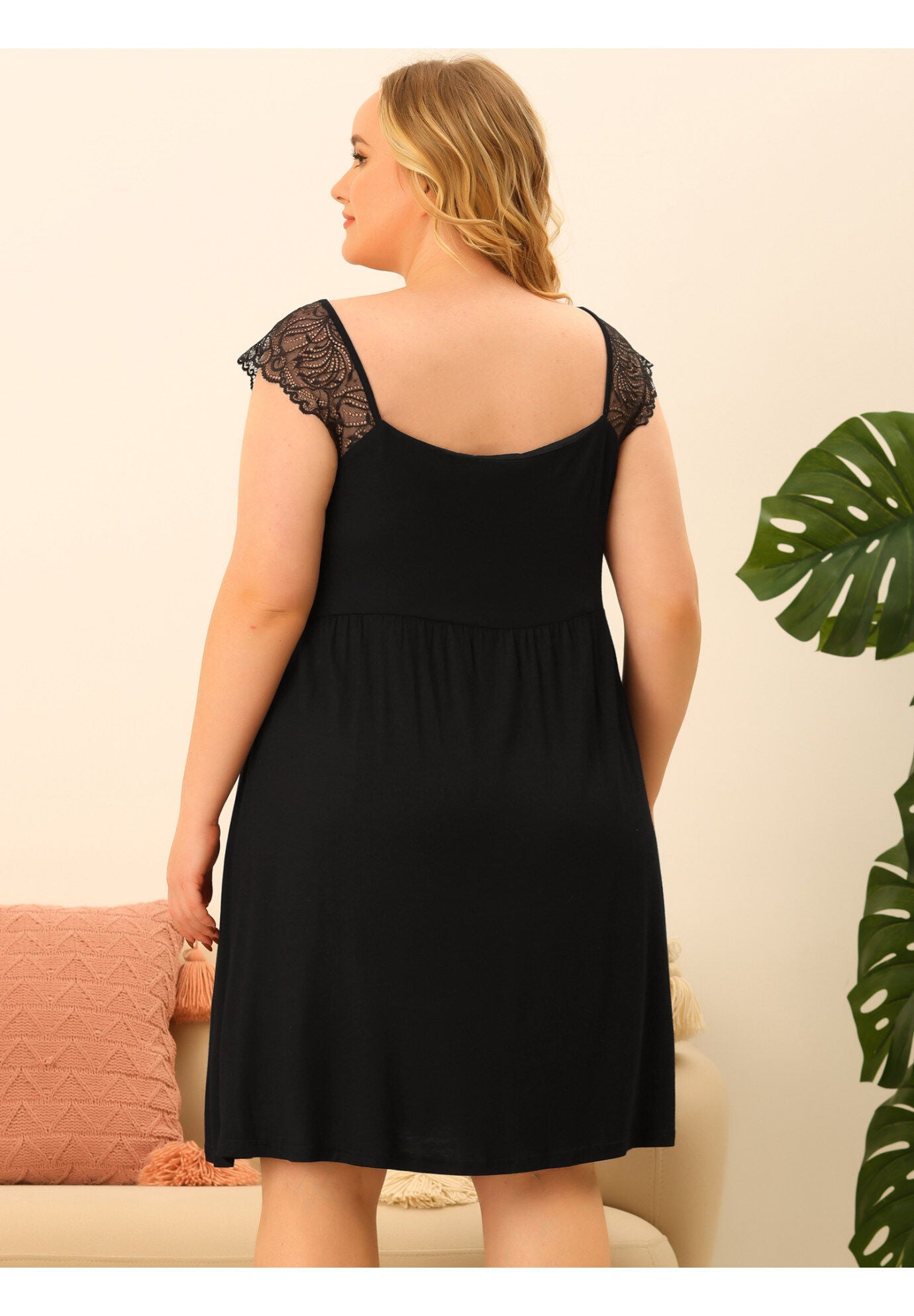 V NECK LACE CAP SLEEVE SLEEP DRESS, Black / Black, alternate image number 3