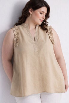 Sleeveless Hemp Top with Ruffles in Neutral Beige