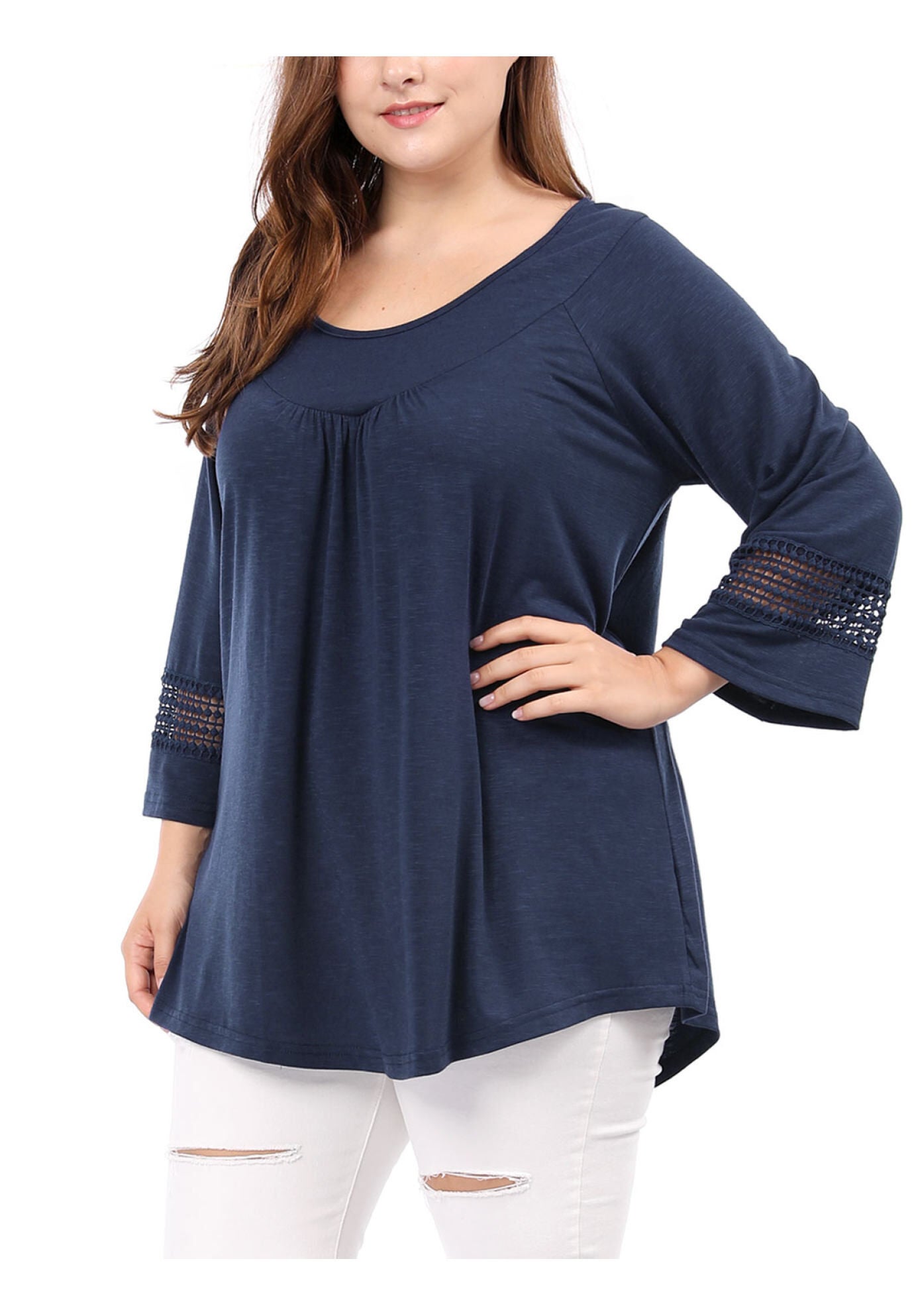 CROCHET PANEL HOLLOW OUT PLEATED TUNICS BLOUSE TOP, Blue / Navy, hi-res image number 0