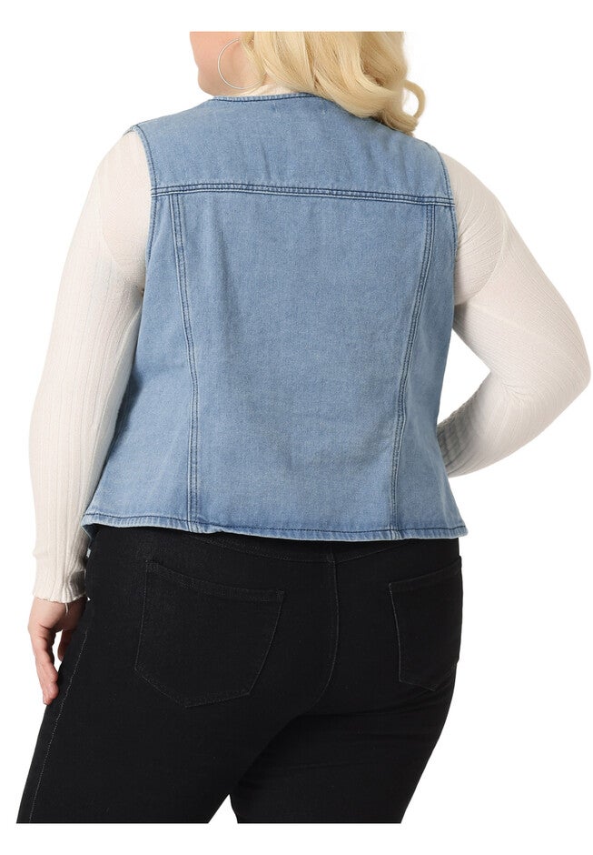 V NECK SLEEVELESS UTILITY JEAN DENIM VEST, Light Blue / Light Blue, alternate image number 3