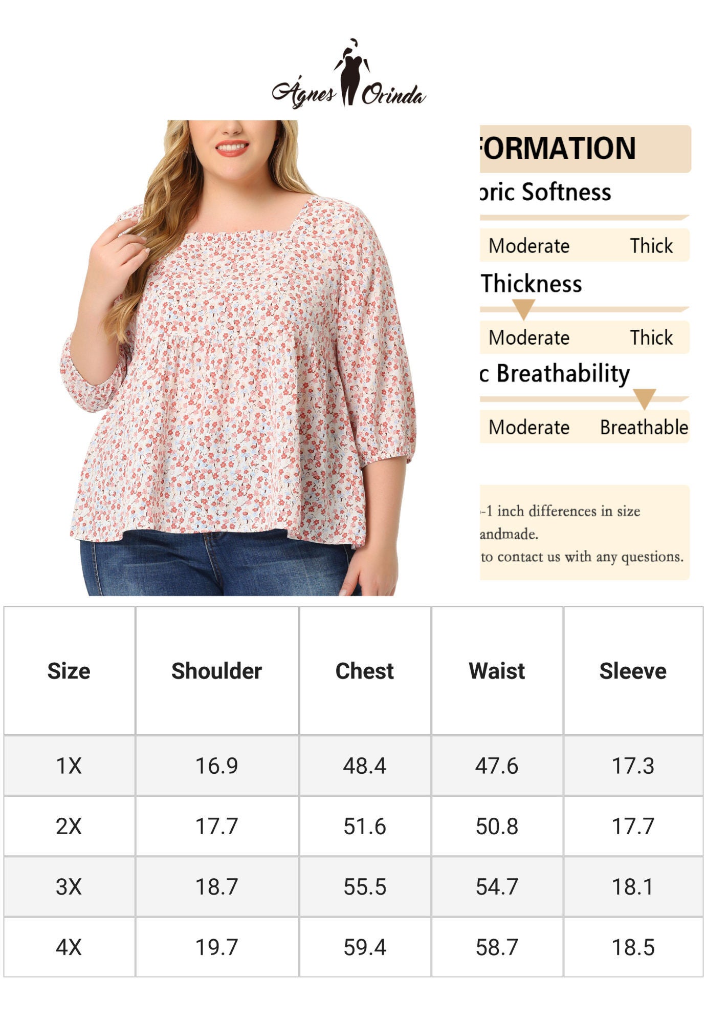 3/4 Sleeve Floral Peplum Babydoll Blouse, Pink / Pink, alternate image number 4