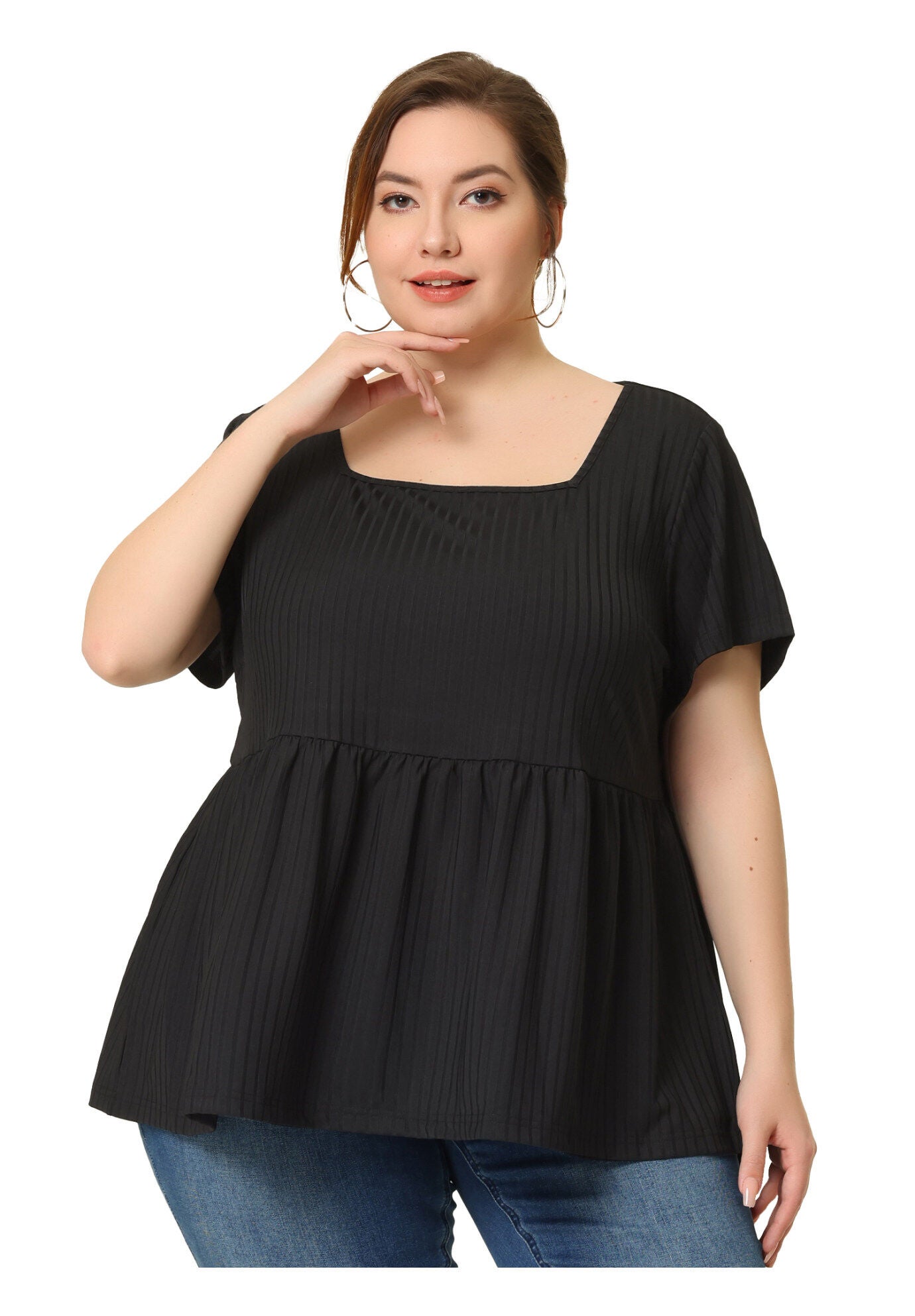 Babydoll Top Summer Peplum Short Sleeve Summer Oversized Tunic Blouse, Black / Black, hi-res image number 0