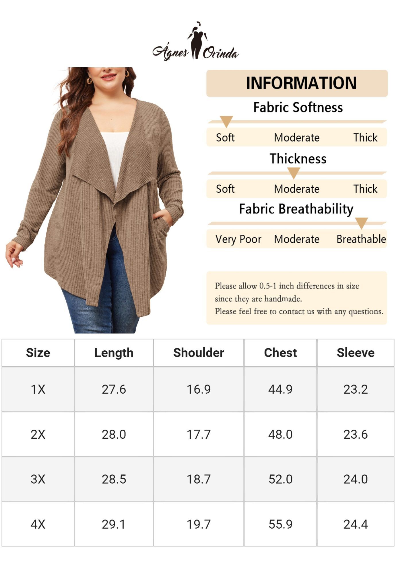 OPEN FRONT IRREGULAR HEM CARDIGAN WITH POCKETS, Dark Khaki / Brown, alternate image number 4