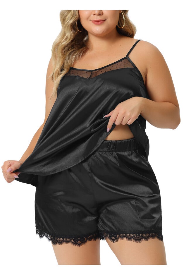 Satin Lace Lingerie 2 Piece Cami Shorts Set, Black / Black, alternate image number null