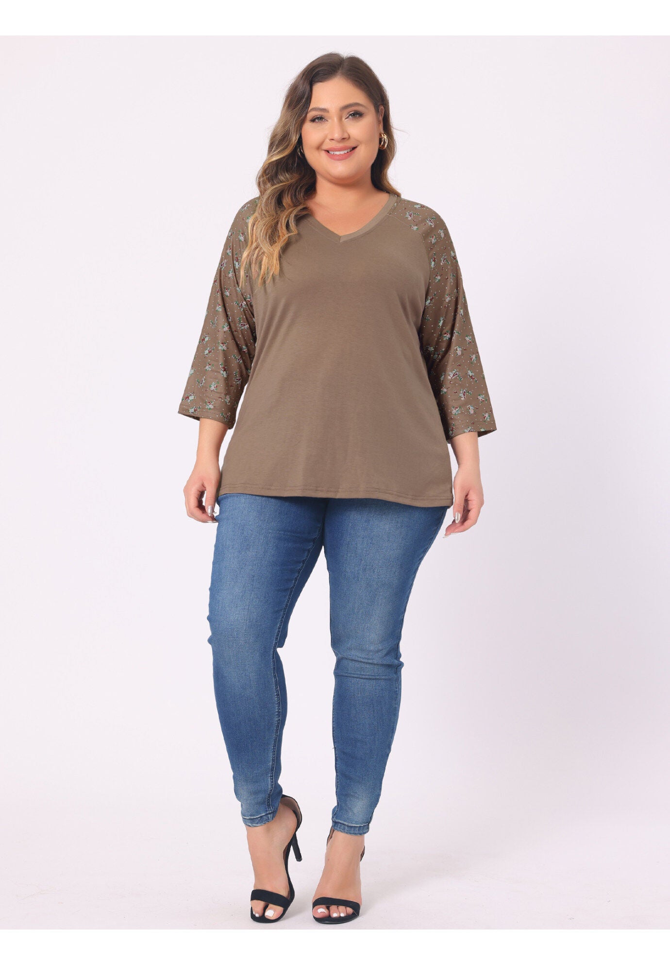 Casual V Neck 3/4 Sleeve Floral Raglan Top, Brown / Brown, hi-res image number 0