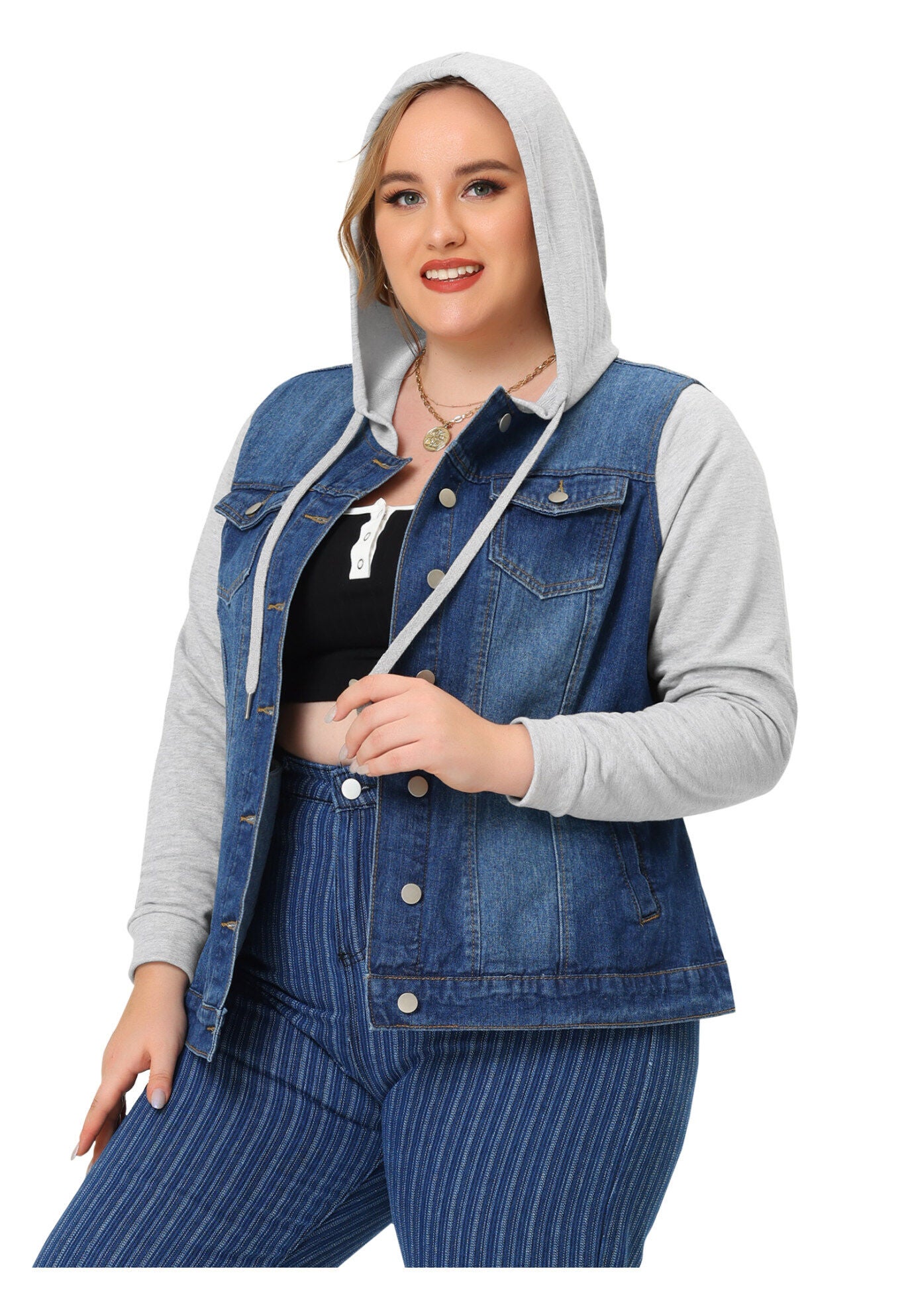 LAYERED DRAWSTRING HOODIE DENIM JEAN JACKET, Dark Blue / Navy, alternate image number 1