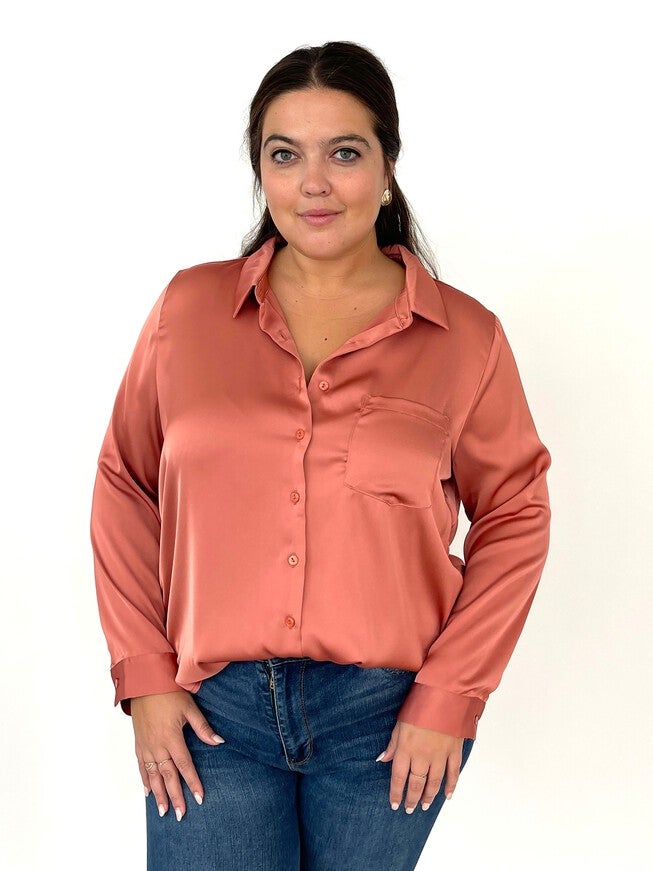 Mallow Satin Button Down - Terra Cotta, , alternate image number null