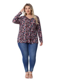 Floral V Neck Long Sleeve Ruffle Tunic Blouse Top