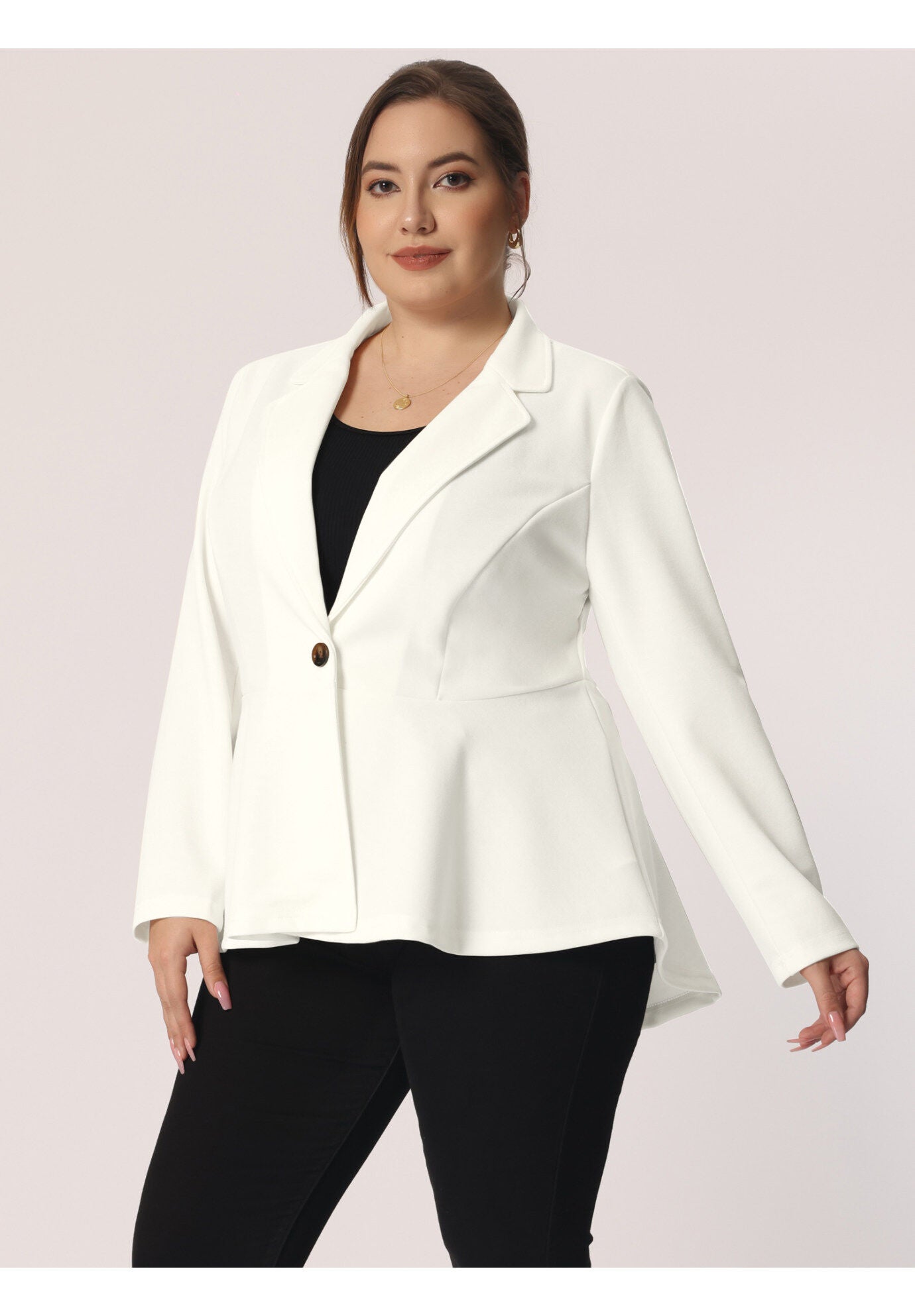 RUFFLE V NECK BUTTON NOTCH PANEL PEPLUM BLAZER, White / White, alternate image number 1