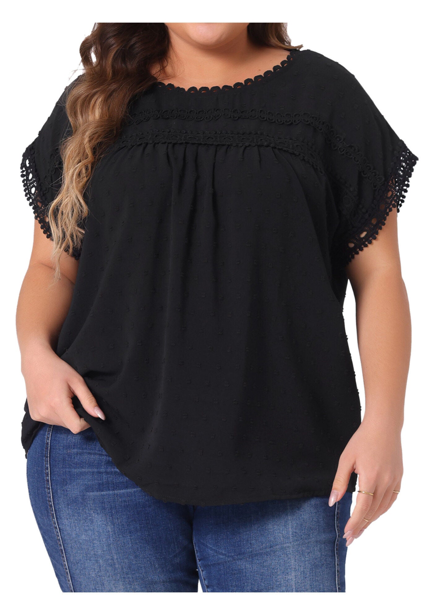 Swiss Dots Lace Crochet Short Sleeve Chiffon Blouse, Black / Black, alternate image number 2