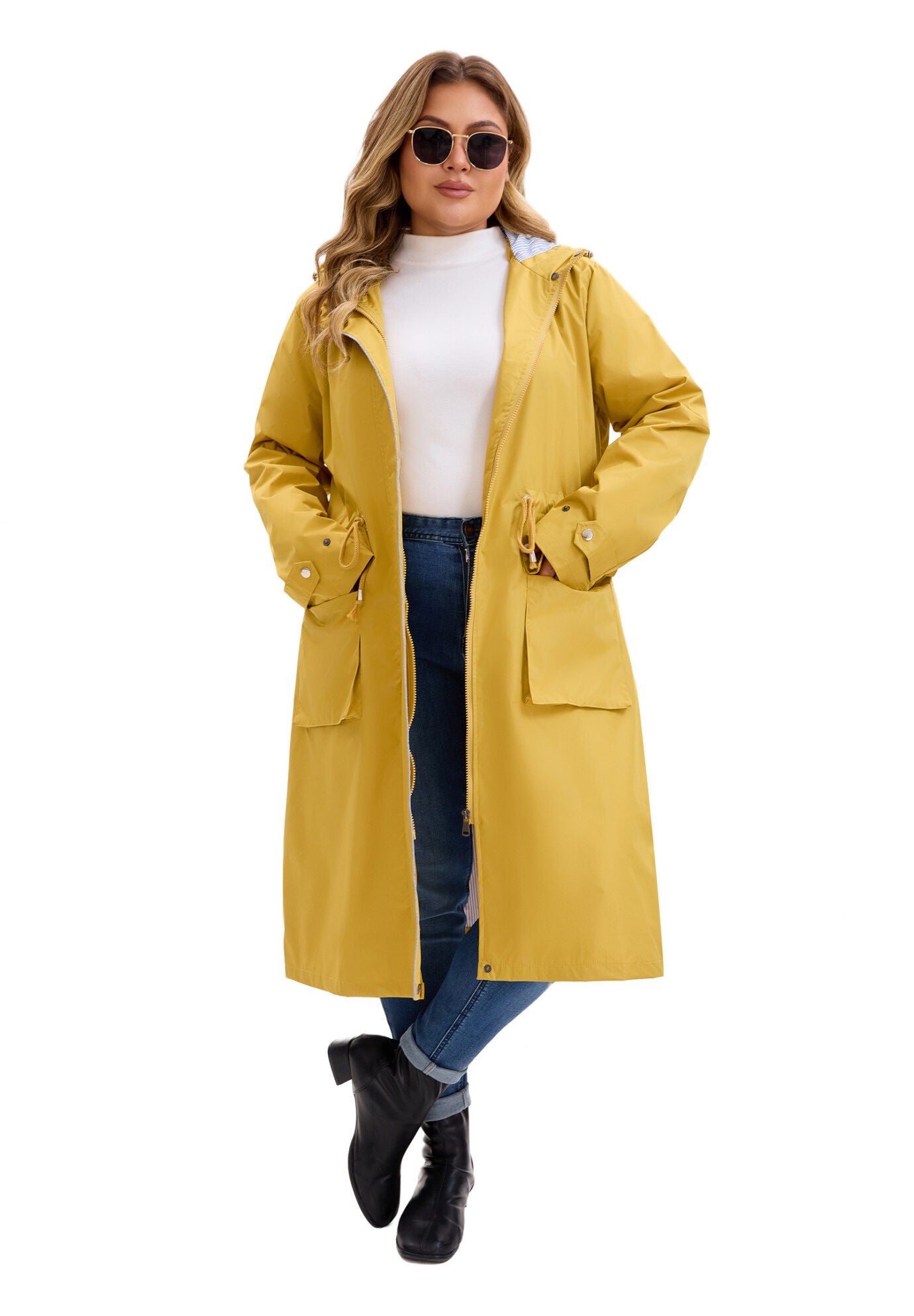 Drawstring Waist Zipper Waterproof Rain Windbreaker Jacket, Yellow / Yellow, alternate image number 2