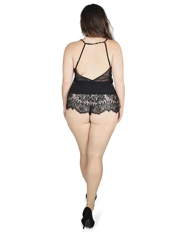 Women's Avril Lace Trim Backless Boyshort Romper, Black / Black, alternate image number 2