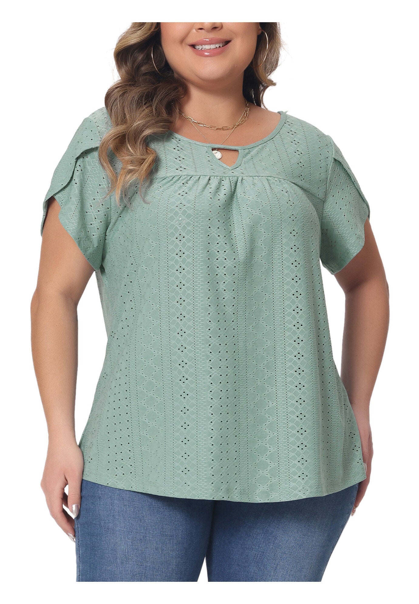 Petal Sleeve Pleated Front Key Hole Round Neck Loose Top, Green / Light Green, alternate image number 2