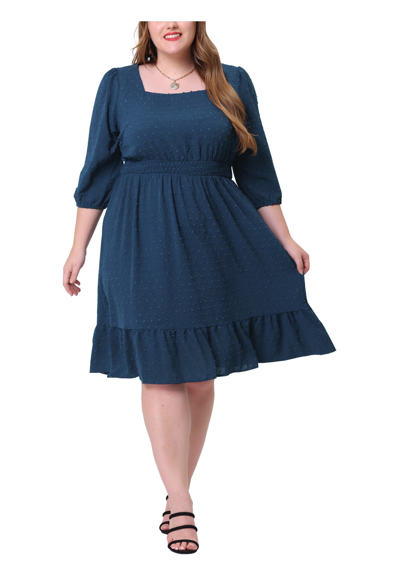 Swiss Dots Bohemian Square Neck Midi Chiffon Dress, Blue / Navy, alternate image number 2