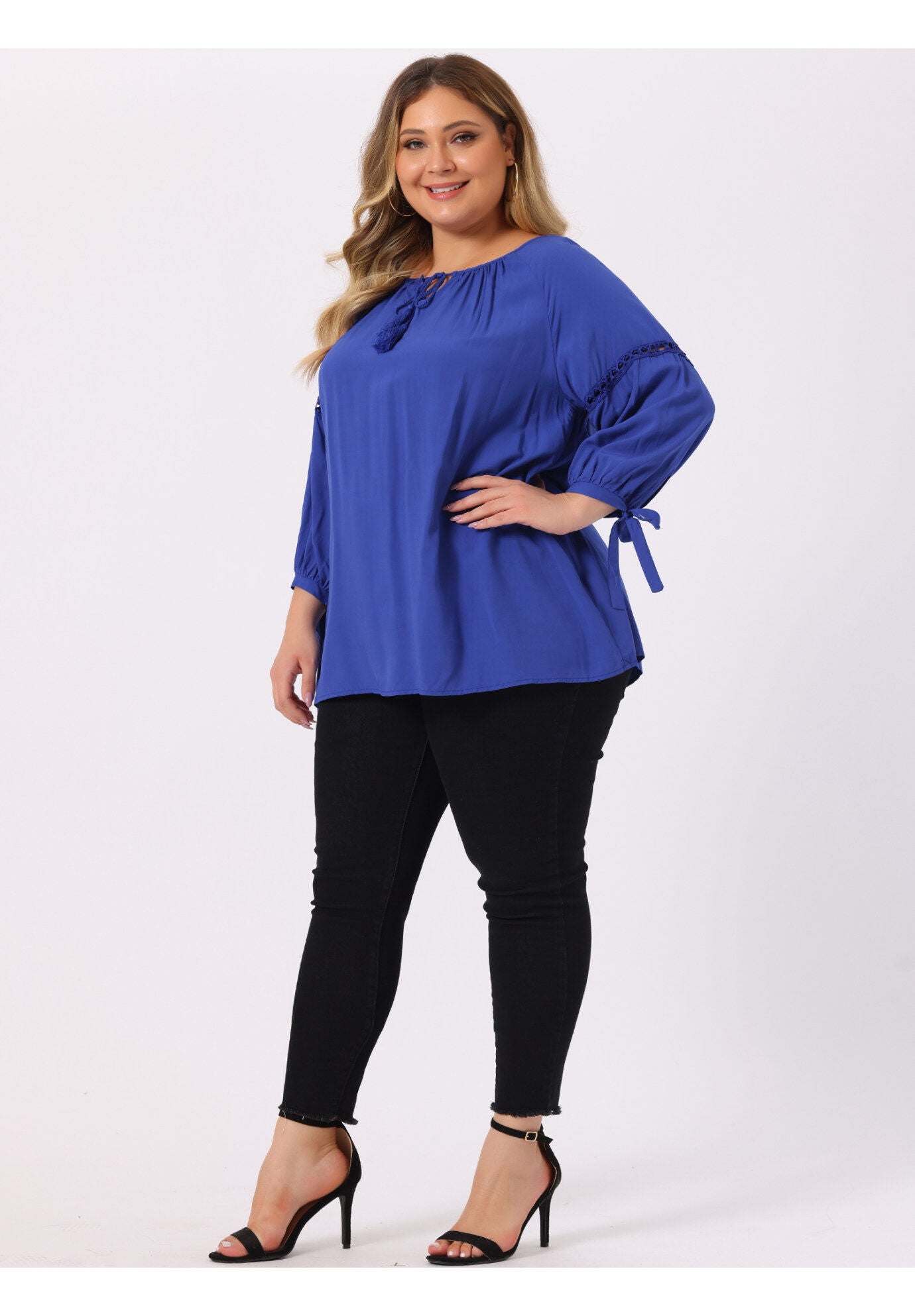 RAGLAN SLEEVES HOLLOW OUT TIE NECK PEASANT TOP, Royal Blue / Royal Blue, hi-res image number 0