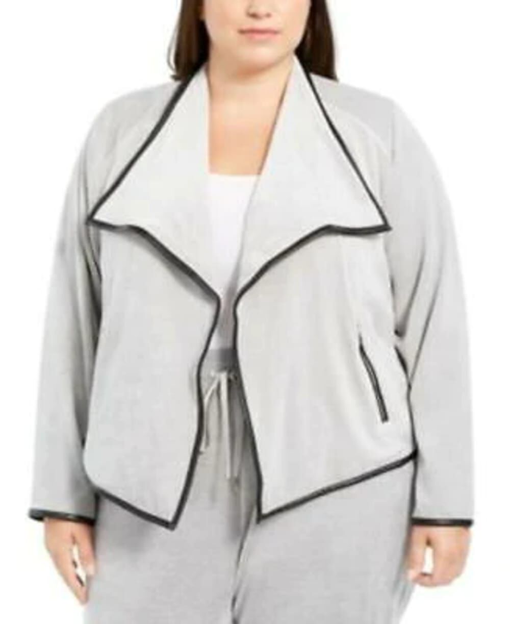 Calvin Klein Women's Plus Contrast-Trim Flyaway Jacket Grey Size 1X, Gray / Charcoal Grey, hi-res image number 0