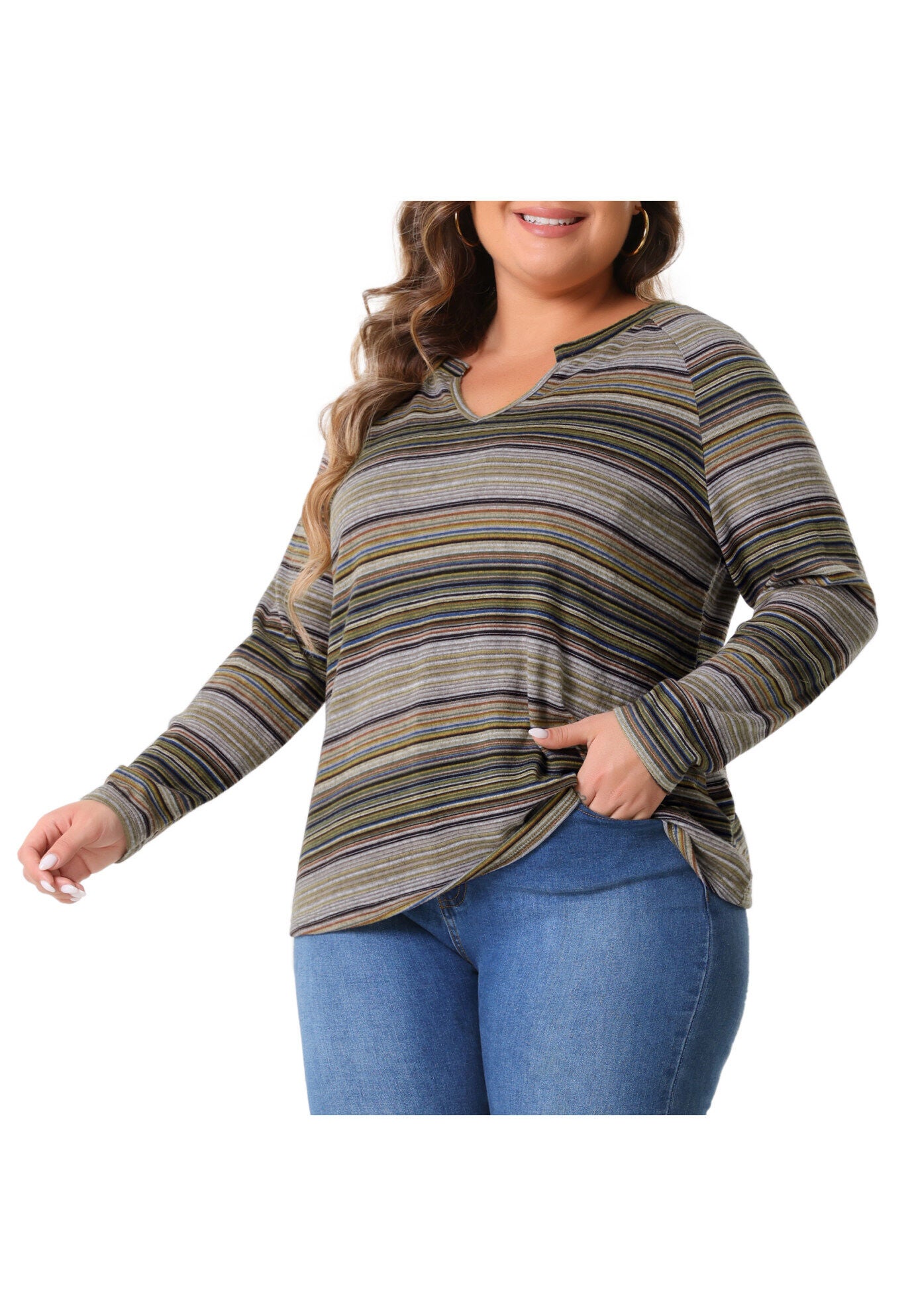 Long Sleeve T-Shirt Notch V Neck Blouse, Green / Brown, alternate image number 2