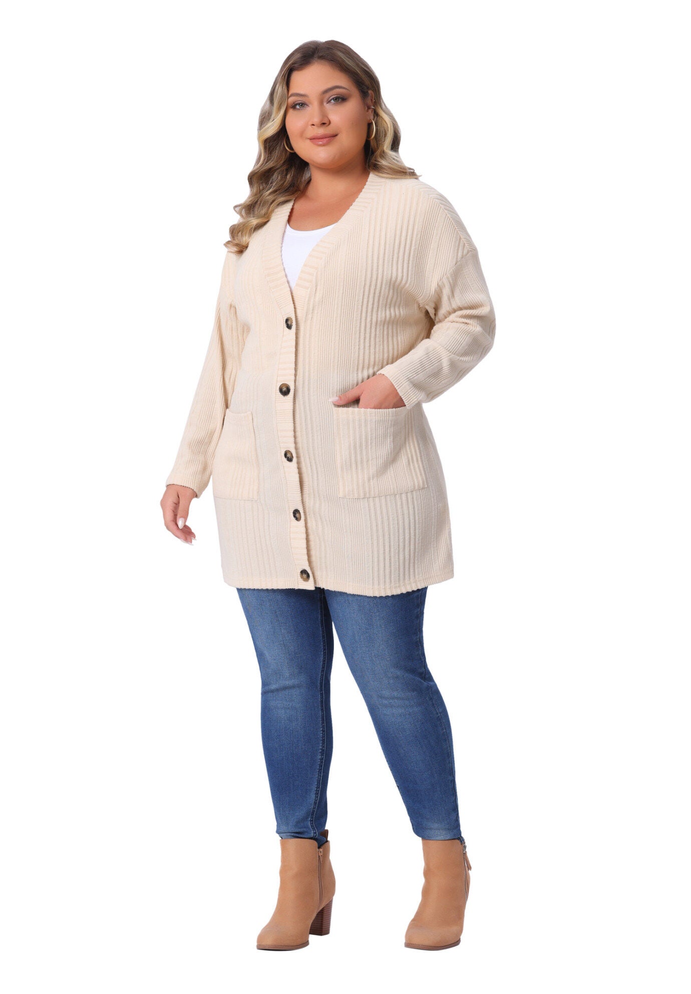 V Neck Long Sleeve Knit Cardigan with Pockets, Apricot / Cream, hi-res image number 0