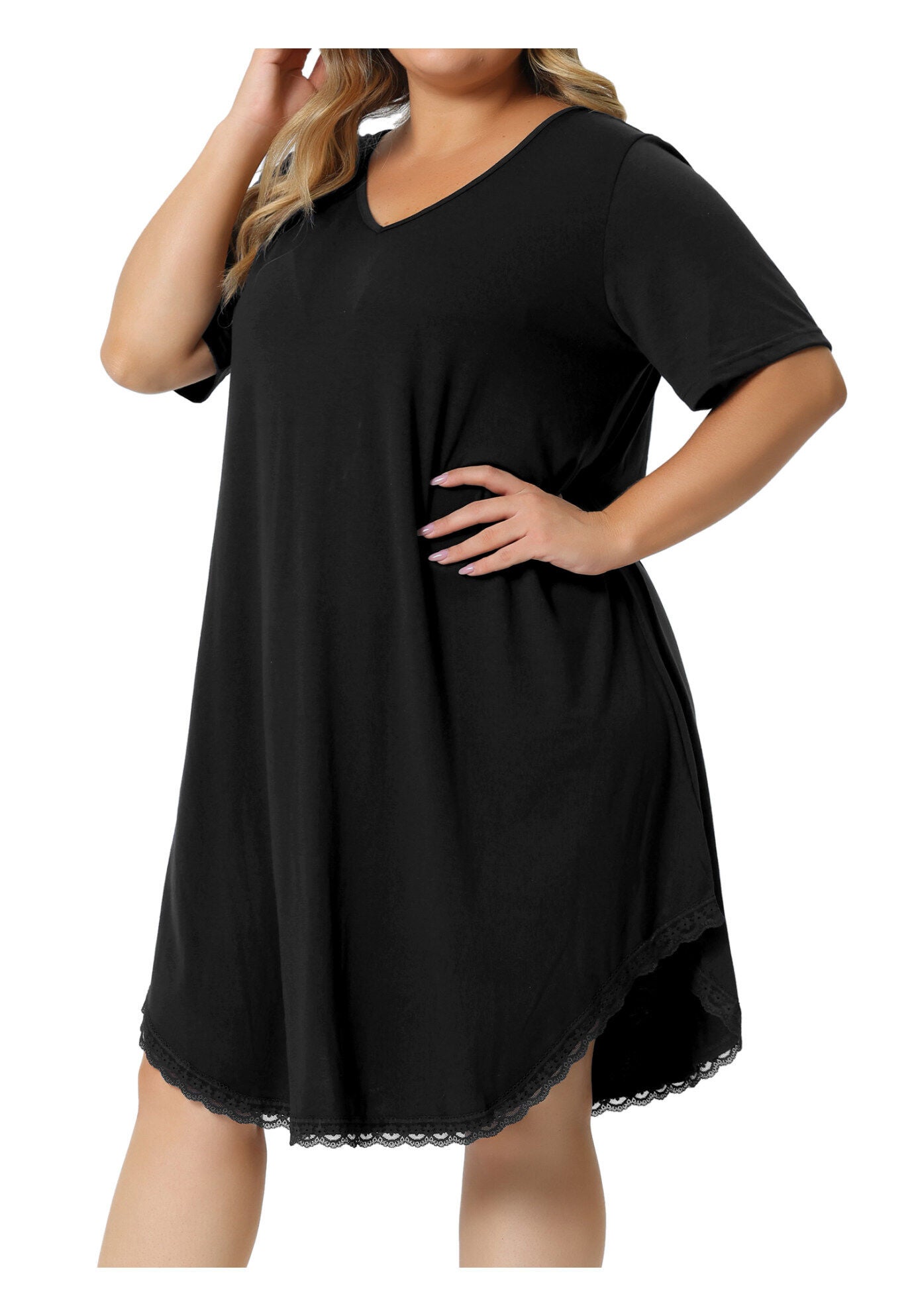 Short Sleeve V Neck Pajama Sleepdress, Black / Black, alternate image number 1