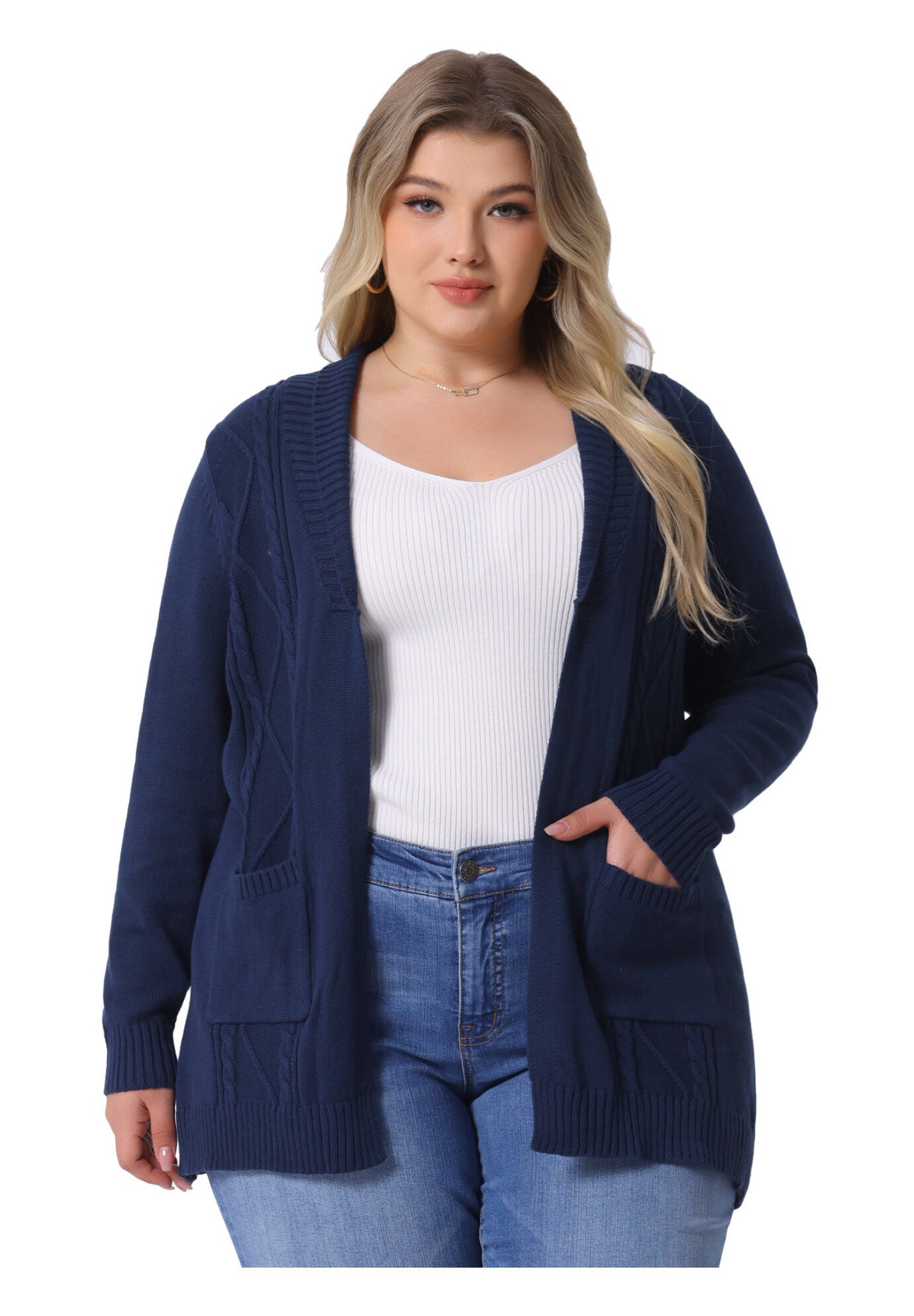 SHAWL COLLAR OPEN FRONT SWEATER CARDIGAN, Dark Blue / Navy, alternate image number 2