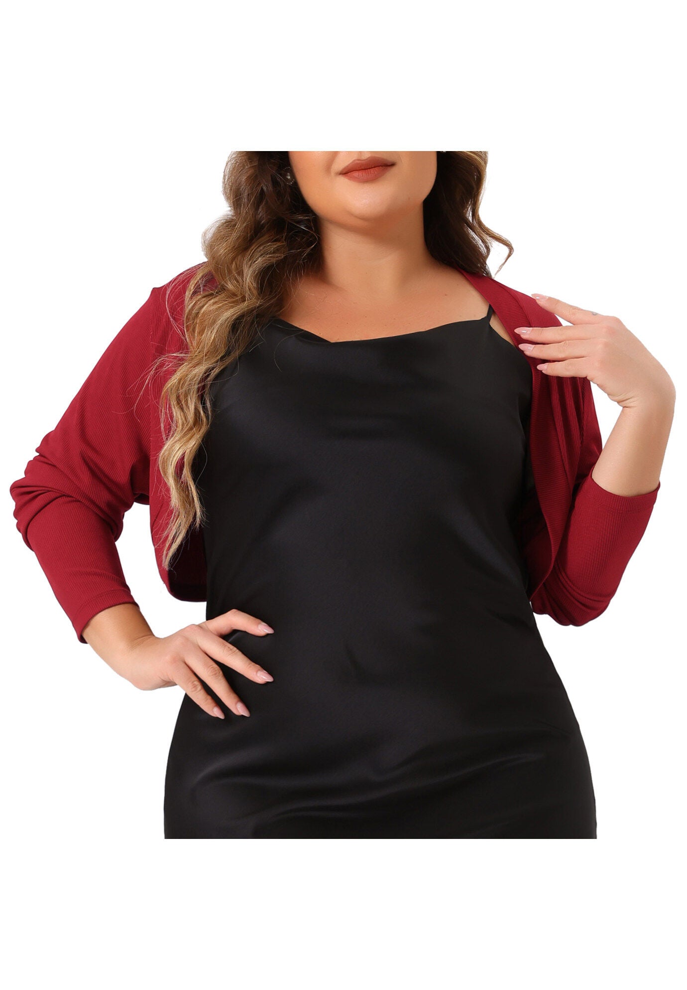 CROPPED LONG SLEEVE OPEN FRONT BOLERO SHRUG, Burgundy / Red, alternate image number 2