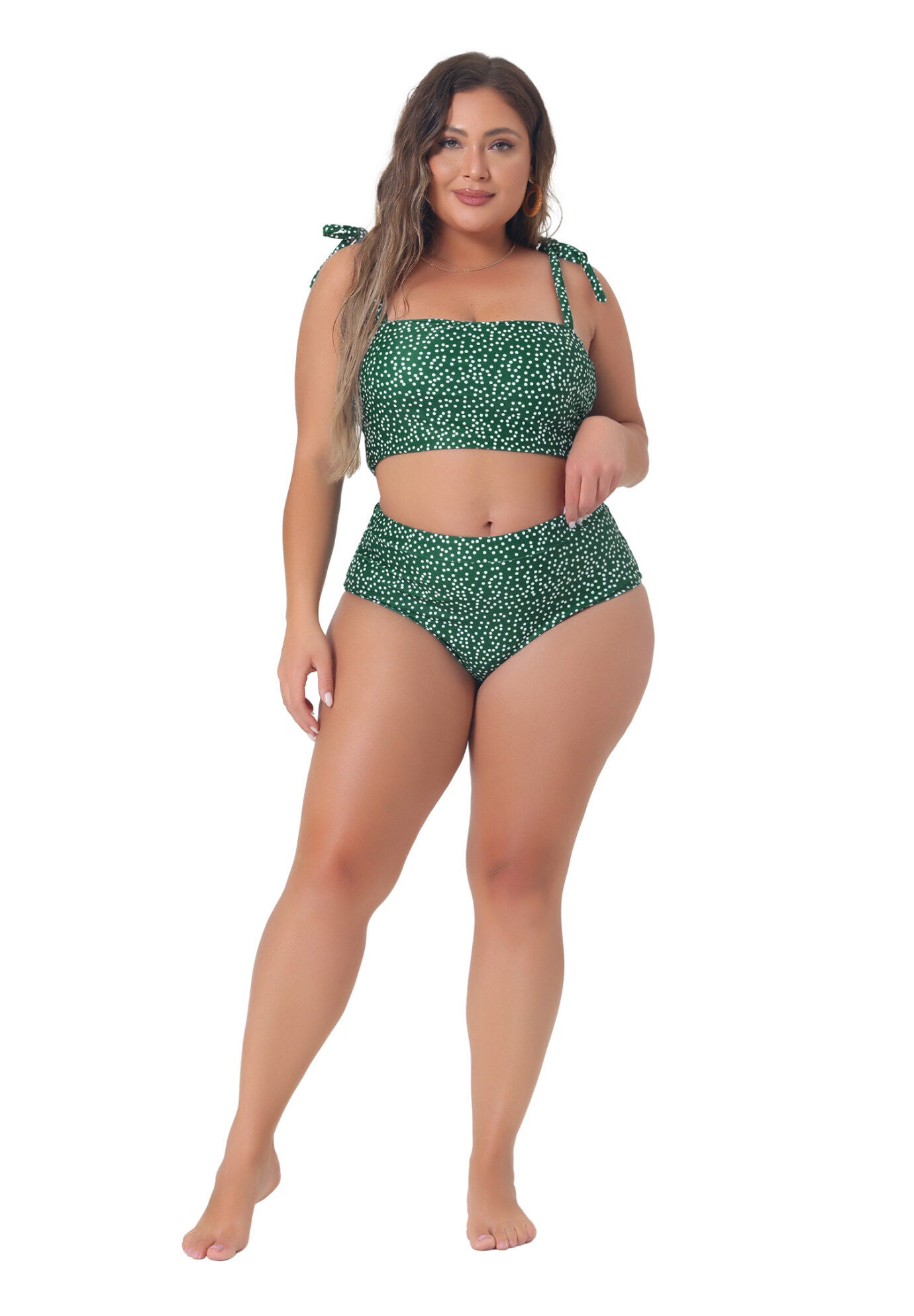 Two Piece Swimsuit Polka Dots Bikini Bandeau, Dark Green / Hunter Green, hi-res image number 0