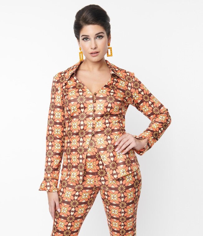Unique Vintage Orange & Brown Mosaic Blouse, Orange / Orange, hi-res image number 0