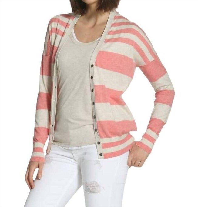 STRIPED COTTON CARDIGAN IN CORAL/ECRU, CoralEcru / Pink, alternate image number null
