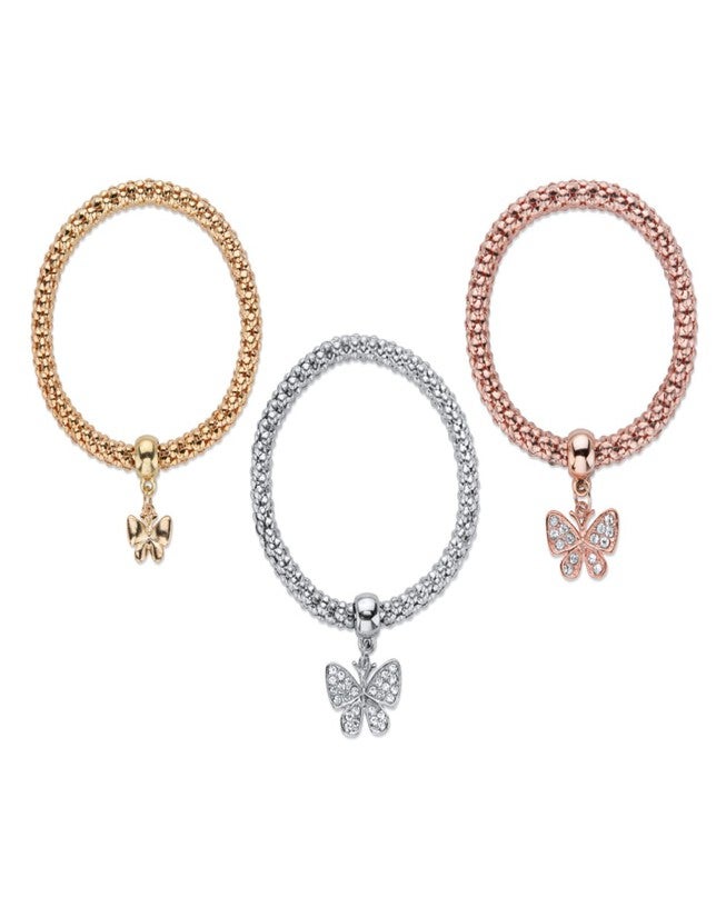 Crystal Butterfly Rose Tone Goldtone and Silvertone Stretch Bracelet Set 8 inches, White / White, hi-res image number null