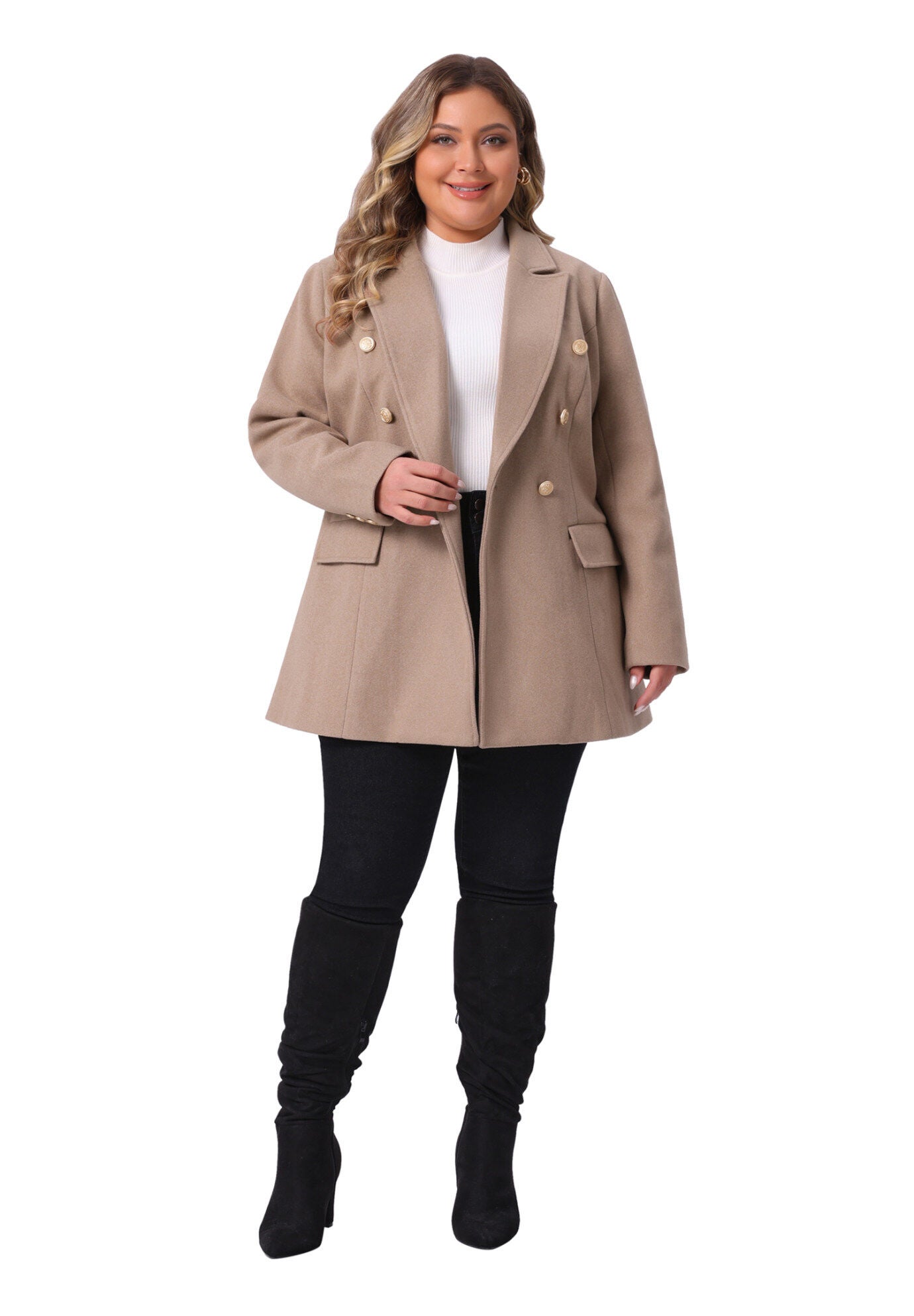 Notch Double-Breasted Lapel Winter Coats, Camel / Beige, hi-res image number 0