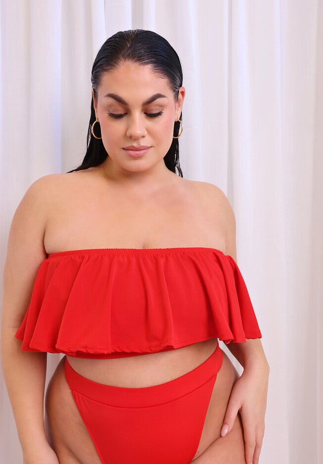 Sea Breeze Ruffle Bandeau Swim Top, Red / Red, alternate image number 3