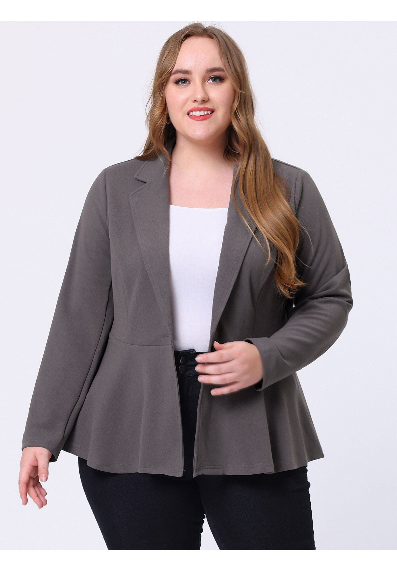 Ruffle V-Neck Button-Front Peplum Blazer, Gray / Warm Grey, hi-res image number 0