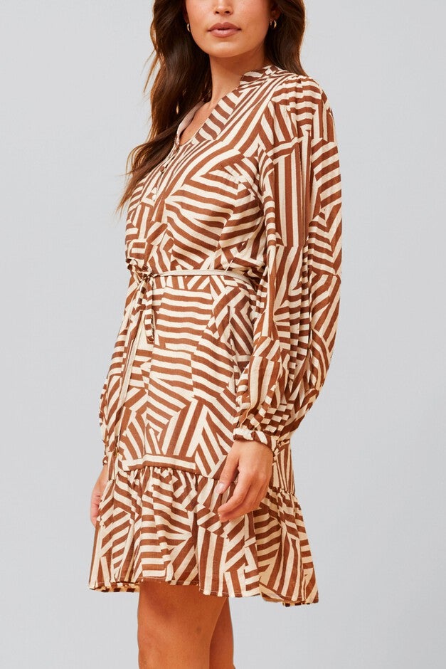 Sylvana Dress Long Puffy Sleeve Geo Print, Beige / Beige, alternate image number null