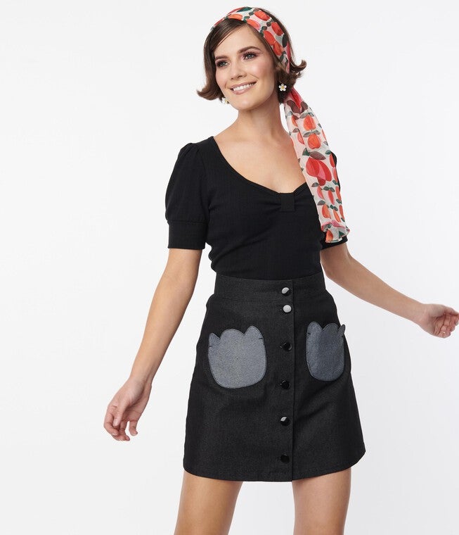 Smak Parlour Black Denim Tulip Patch Pocket Skirt, , alternate image number null