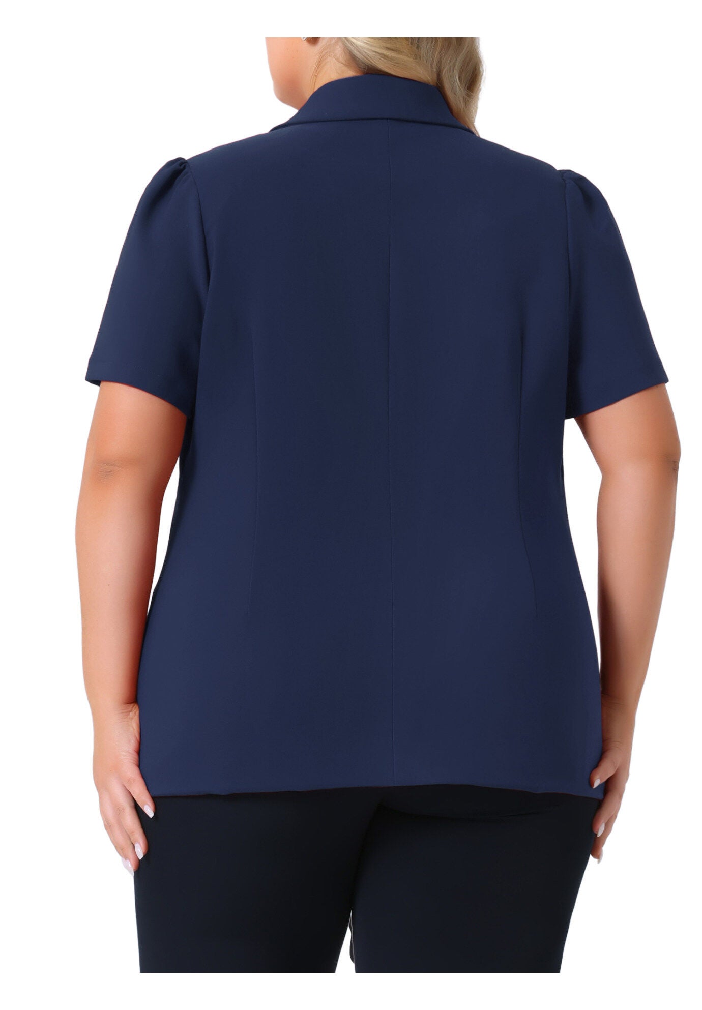 Notched Lapel Short Puff Sleeve Blazer Jackets, Navy Blue / Navy, alternate image number 1