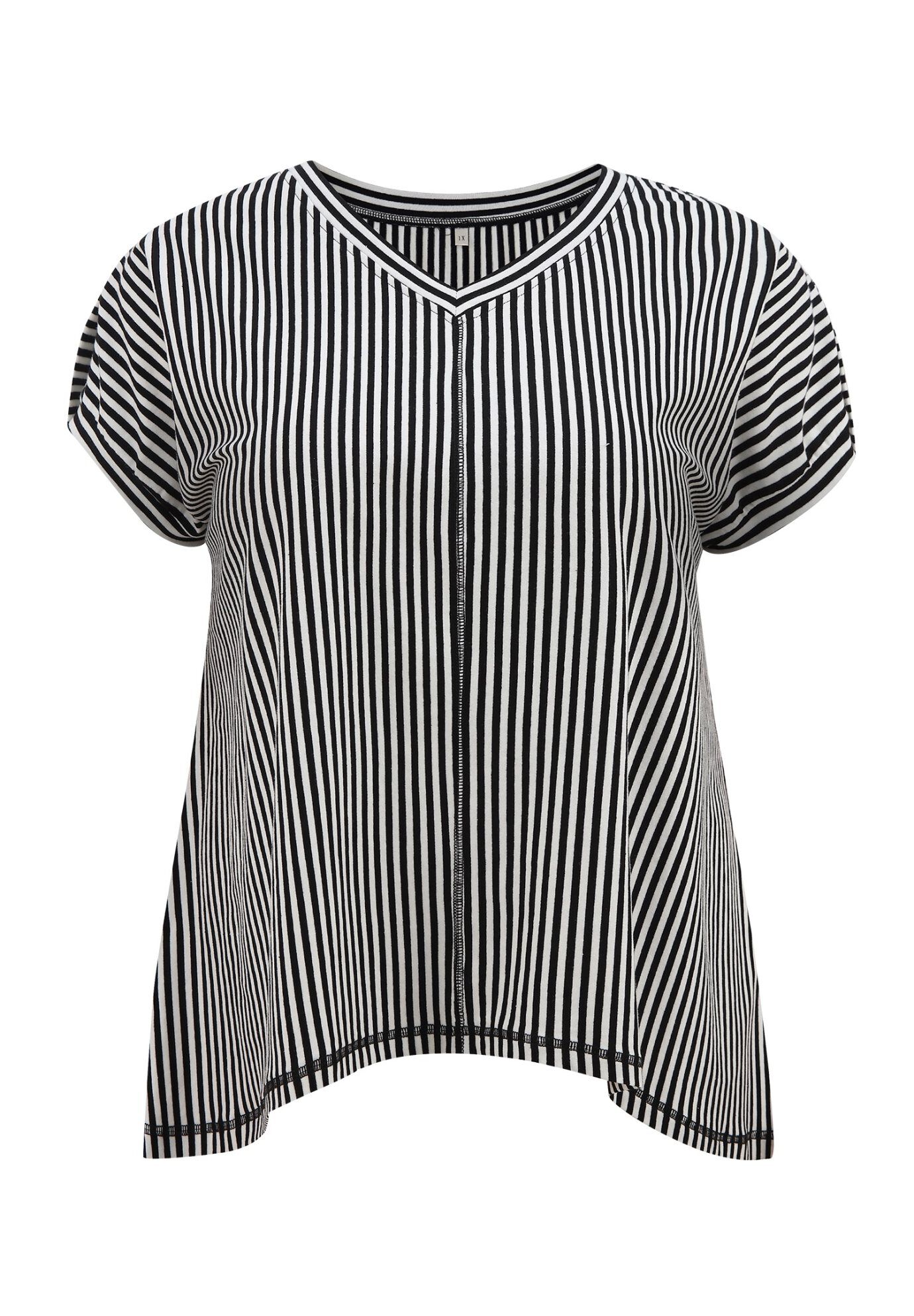 V Neck Short Sleeve Vertical Stripe Drop Shoulder Knit Blouse, Black / Black, alternate image number 3